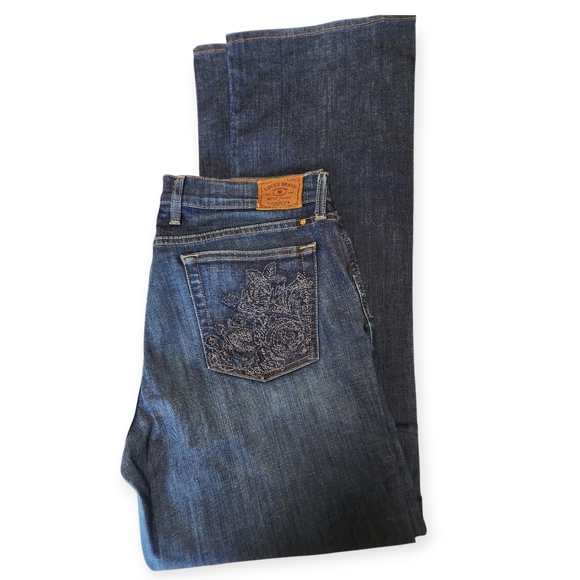 Lucky Brand Sweet N Low Dark Blue Flower Embroidered Pocket Jeans Size 14 - Picture 1 of 12